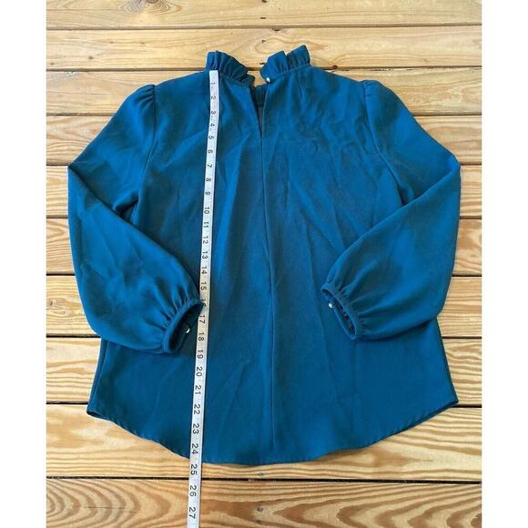 J Crew Ruffle Neck Long Sleeve Blouse Size XS Women’s Teal - Picture 5 of 7